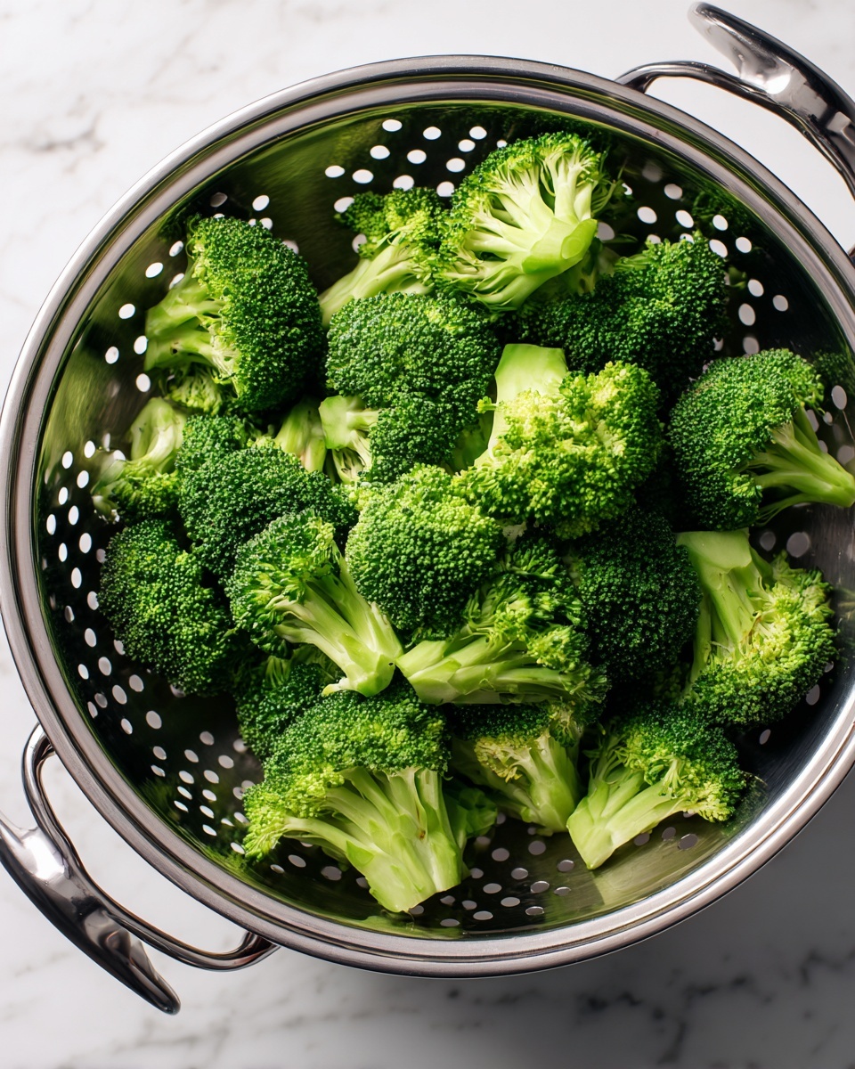 Bright green broccoli florets fill a shiny silver metal steamer basket with many round holes, the basket's petals curling upward around the broccoli. A black handle extends from the right side, resting gently on the broccoli. The whole setup sits on a white marbled surface, giving a clean and fresh look. The broccoli has tightly packed green buds with light green stems showing small textures. photo taken with an iphone --ar 4:5 --v 7