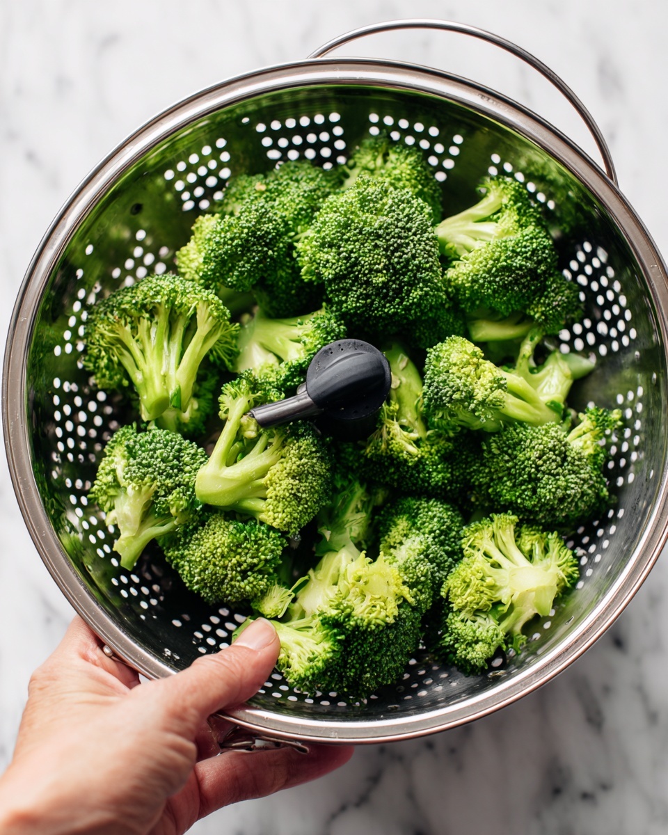 A close-up of bright green broccoli pieces inside a shiny metal steamer basket with small round holes, with the basket placed on a white marbled surface. A woman's hand is holding the black plastic handle of the basket's stem in the center, lifting it slightly. The broccoli florets are fresh with a textured, bumpy top and lighter green stems underneath. The image is bright and clear with a soft, light background. photo taken with an iphone --ar 4:5 --v 7