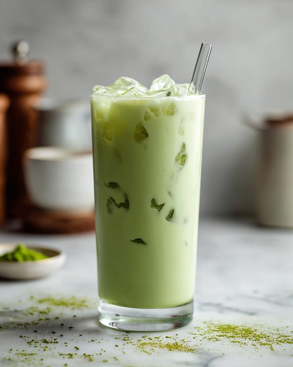 A tall clear glass filled with a pale green drink that has one main layer with small ice cubes floating inside and a light frothy top layer. The drink appears creamy and smooth, with tiny specks of green powder visible inside. There is a clear straw placed in the glass on the right side. The glass sits on a white marbled surface with green powder sprinkled around it, and blurred kitchen items can be seen softly in the background. photo taken with an iphone --ar 4:5 --v 7