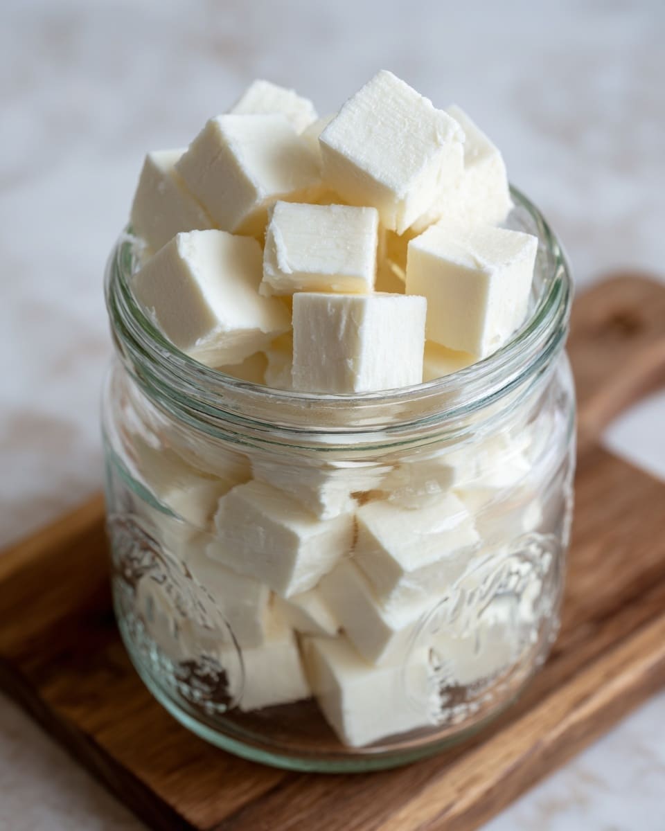 The image shows a glass jar filled with many small, white cheese cubes stacked unevenly inside it. The cubes have smooth surfaces and sharp edges, giving a clean, solid look. The jar has a clear body with a faint embossed design and a lid resting open to the side. It sits on a wooden board, and the background has a white marbled texture. The focus is on the cheese cubes filling the jar, creating a simple, neat visual. photo taken with an iphone --ar 4:5 --v 7