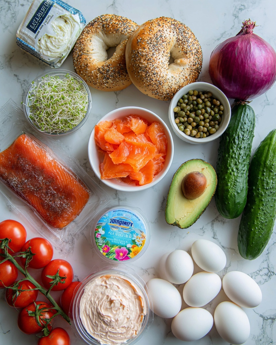 The image shows all the ingredients for a smoked salmon bagel board arranged on a white marbled surface. There are two white bagels, one plain with sesame seeds and one with an everything seasoning, placed near the top right. Below them is a small round white bowl filled with bright orange smoked salmon pieces (lox). To the right of that are four boiled eggs with smooth white shells. In the bottom right corner is a round white bowl containing creamy smoked salmon spread, light pink in color with visible small salmon flakes. To the left of the spread, a sealed package holds a dark red smoked coho salmon fillet with spices. Near the center are two dark green cucumbers and a ripe dark green avocado sliced in half with its rough skin showing. Above the cucumbers is a small container of fresh light green baby dill. At the top center is a whole round red onion with a rough purple skin. To the left is a white tub of Philadelphia cream cheese with the lid removed, showing a smooth white creamy texture inside. A jar of small green capers is placed nearby. On the left side, a bunch of small, shiny red tomatoes on the vine sits next to a colorful clover and alfalfa sprouts container in clear plastic. Everything is neatly laid out showing bright colors and fresh textures. Photo taken with an iphone --ar 4:5 --v 7