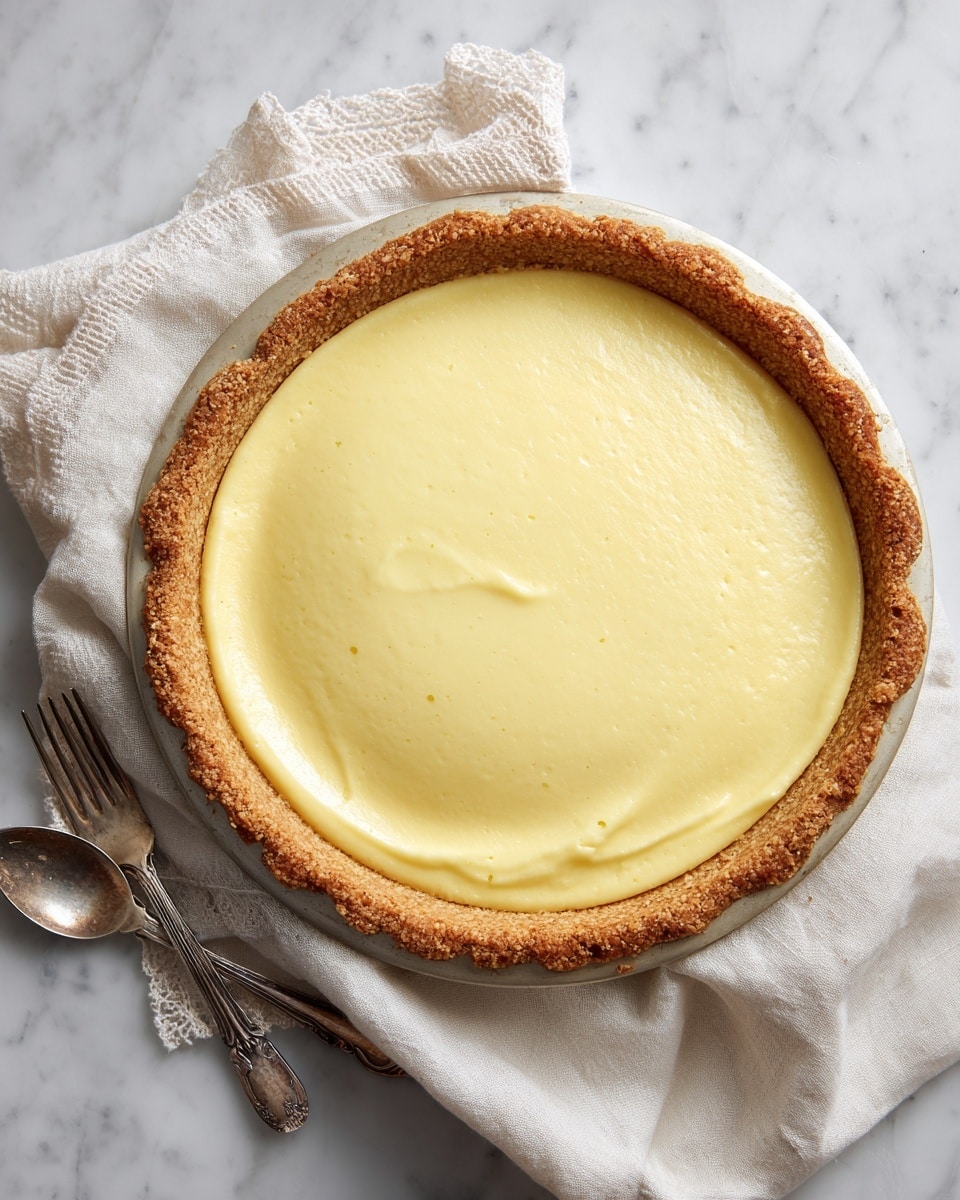 A pie with one layer, showing a smooth, creamy pale yellow filling sitting inside a golden brown crust that lines the edges tightly. The pie is presented on a white lace cloth with a soft cream linen napkin under it, all placed on a white marbled surface. A pair of silver forks and spoons are partially visible near the bottom left, adding a touch of shine to the simple, cozy setup. photo taken with an iphone --ar 4:5 --v 7