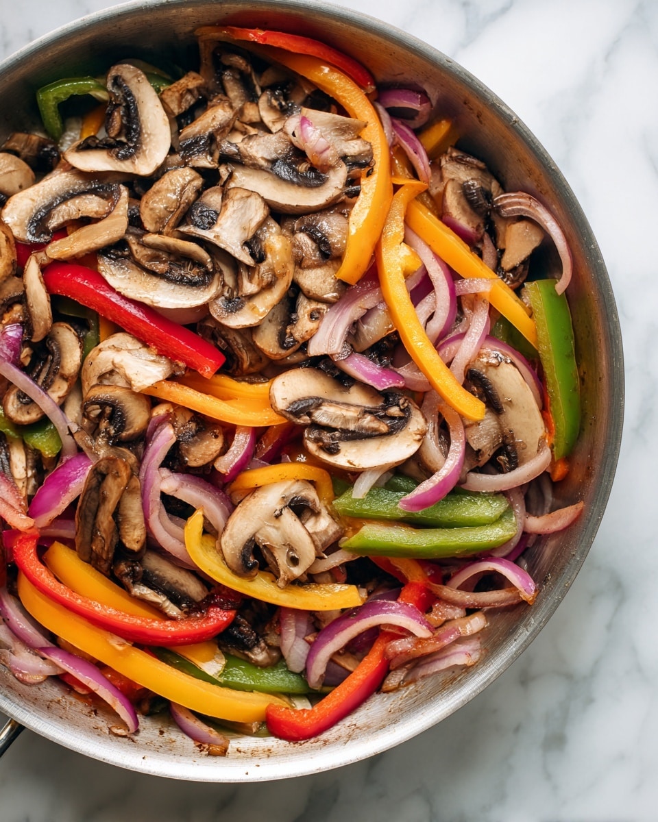 A close-up of a pan filled with cooked vegetables, showing multiple layers of sliced mushrooms on top, light brown with darker gills, mixed with thin strips of bell peppers in bright red, yellow, and green colors. There are also thin slices of red onion with a pale purple shade woven through the peppers. The vegetables look soft and slightly shiny, and they fill the pan fully with some overlapping pieces. The pan is placed on a white marbled surface. photo taken with an iphone --ar 4:5 --v 7