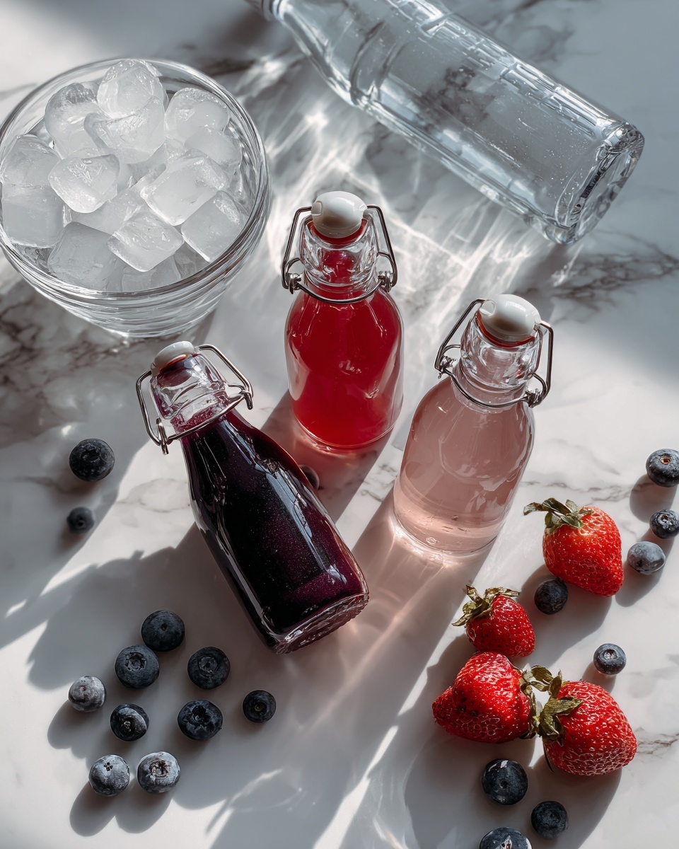 The image shows three small glass bottles with flip-top caps arranged in a diagonal line on a white marbled surface. The bottle on the left is filled with a dark purple liquid, the middle bottle has a bright red liquid, and the right bottle contains a pale pink liquid. Around these bottles, there are a few fresh blueberries and strawberries scattered. In the upper left corner, there is a clear glass bowl filled with round ice cubes, and below it, a clear plastic bottle filled with water lies on its side. The lighting is soft, creating gentle shadows and highlighting the shiny, smooth textures of the glass bottles and the fresh fruits. Photo taken with an iphone --ar 4:5 --v 7
