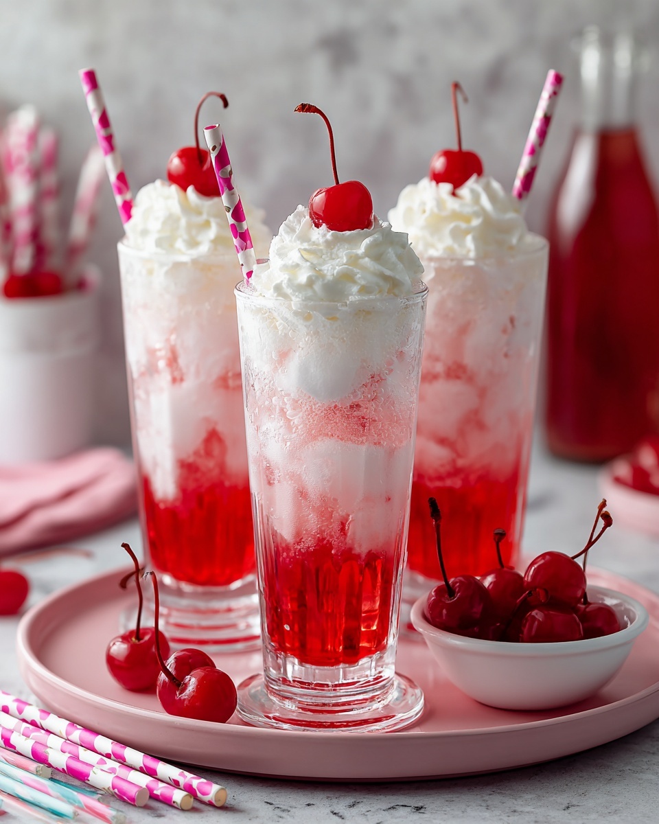 A tall clear glass holds a layered drink with a bright red syrup layer at the bottom, followed by a milky white layer with light pink ice cubes floating inside, topped with a thick white whipped cream layer. On top of the whipped cream, there is a red strawberry sliced in half and a red cherry with a stem, both held together by a metal pick. The glass sits on a white marbled surface surrounded by whole cherries in a glass bowl, several loose cherries, bright red strawberries, and small dark blueberries. In the background, bottles containing dark red syrup and milk are visible along with a metal container and a colorful striped cloth. Photo taken with an iphone --ar 4:5 --v 7