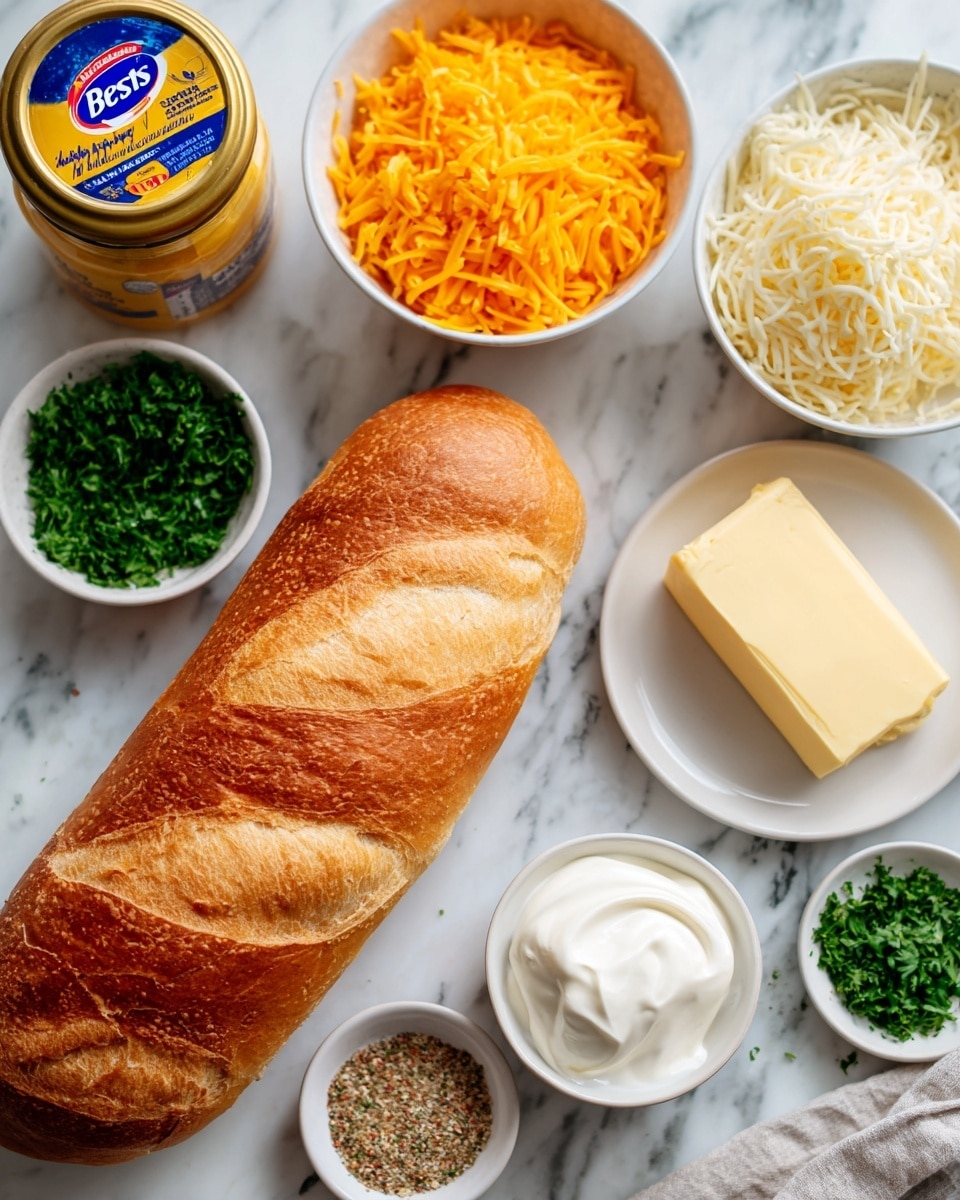 A fresh whole French bread loaf with a golden brown crust is placed on a white marbled surface, surrounded by white bowls containing different ingredients: bright orange shredded cheddar cheese in one bowl, creamy white shredded mozzarella in another, a rectangular block of pale yellow butter on a small white plate, a small bowl of bright green chopped parsley, a small white bowl with white sour cream, and another small white bowl with light brown and beige seasoning mix. A jar of Best Foods real mayonnaise with a blue lid and yellow label is also present on the left side. The scene is neat and bright, all items clearly visible, photo taken with an iphone --ar 4:5 --v 7
