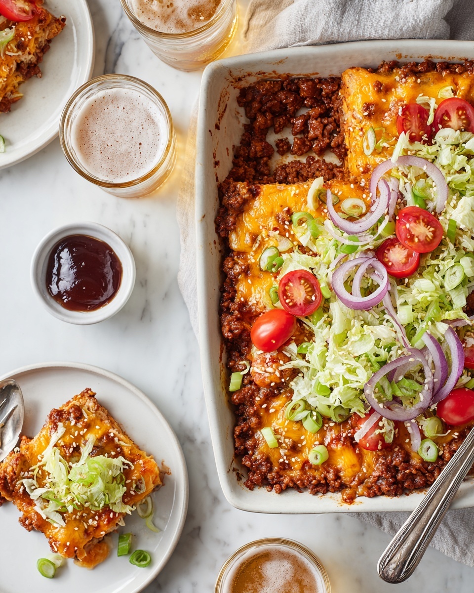 The image shows a layered casserole in a white dish on a white marbled surface. The bottom layer appears to be browned ground meat with small bits of onion, topped by a thick layer of melted orange cheddar cheese. On top of the cheese layer, there are scattered pieces of chopped green onion, shredded pale green lettuce, sliced purple onions, halved cherry tomatoes, and sprinkled white sesame seeds, with small black pepper specks adding contrast. A silver spoon is dug into the side of the casserole, revealing the layers inside. Photo taken with an iphone --ar 4:5 --v 7