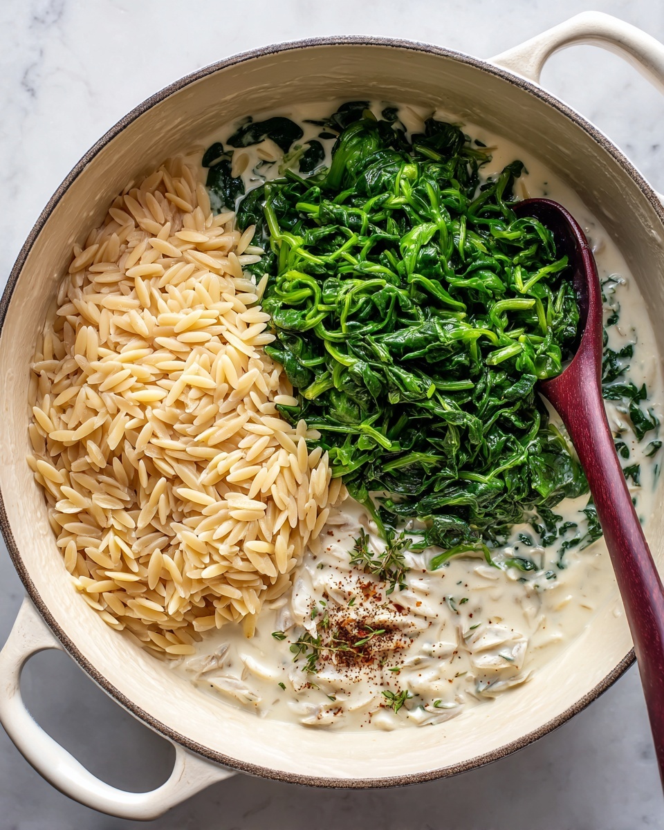 A white pot filled with three main layers: on the left side, dark green chopped spinach leaves, on the top right side, light brown cooked orzo pasta mixed with some seasoning, and on the bottom right side, a creamy white sauce base with a maroon spoon mixing it. The background is a white marbled texture photo taken with an iphone --ar 4:5 --v 7
