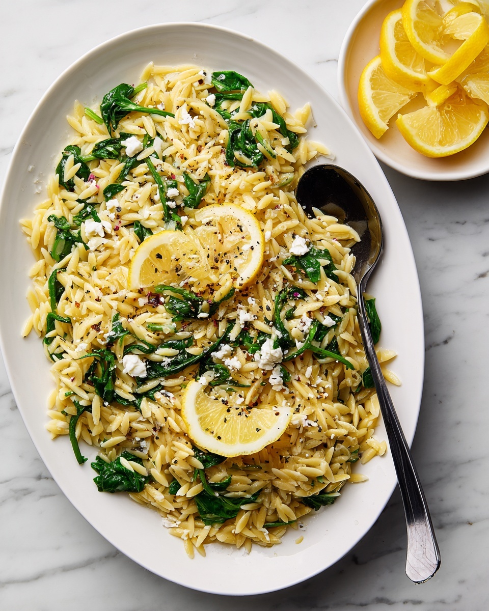 A white oval plate is filled with a mound of yellowish orzo pasta mixed with small green spinach leaves, sprinkled with black pepper and white cheese crumbles, topped with two lemon slices showing light sear marks. On the right side of the plate, a black spoon rests partially in the pasta. In the upper right corner, a small white bowl holds three bright yellow lemon wedges. The whole scene is set on a white marbled surface. photo taken with an iphone --ar 4:5 --v 7