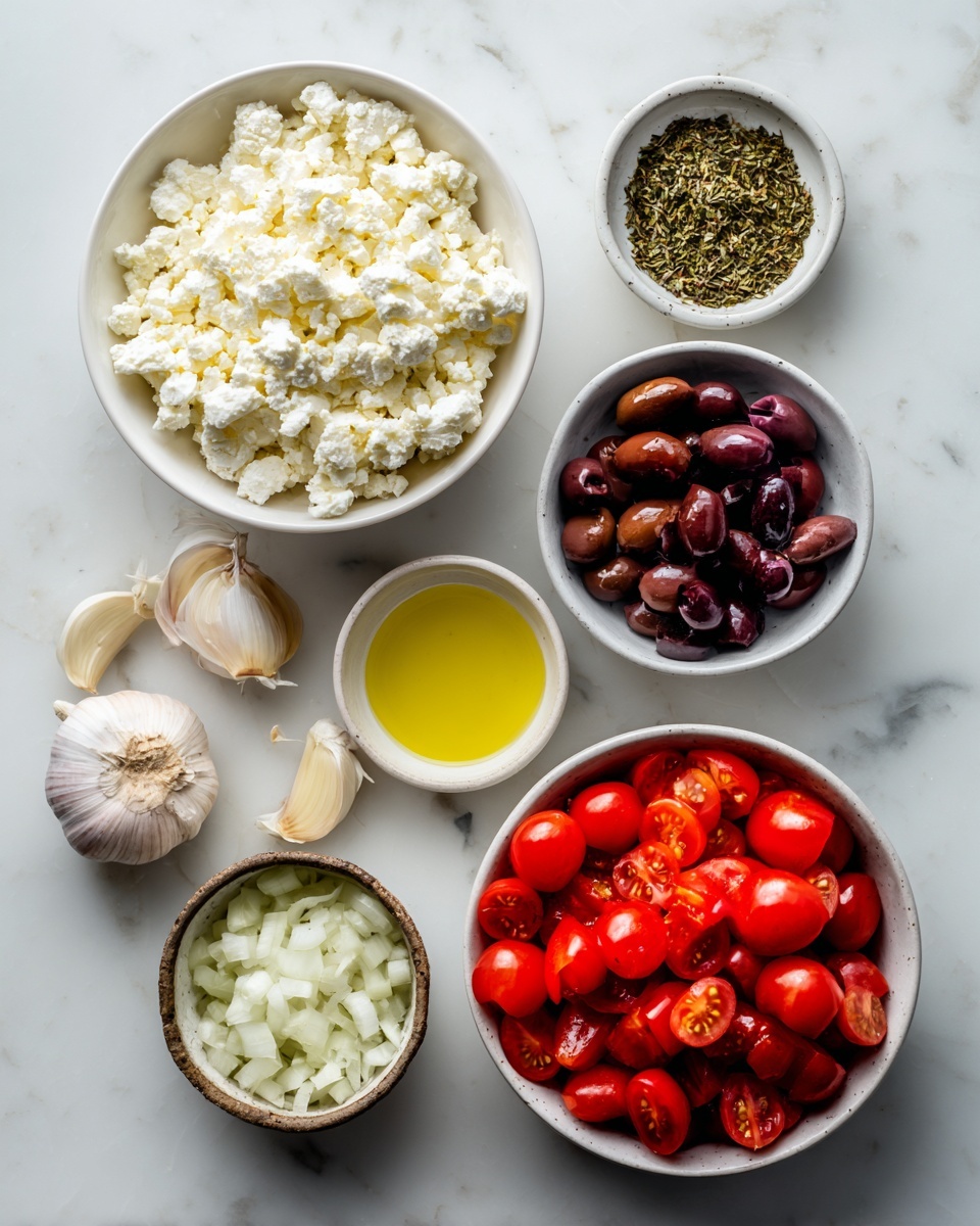 Several white bowls and dishes are arranged on a white marbled surface. From top to bottom: a large bowl filled with white, crumbly cheese; a small bowl with a mix of dry herbs that are green and light brown; another small bowl holding a light yellow liquid; two whole cloves of garlic beside the bowls; a small bowl of finely chopped white onions; a bowl filled with dark purple chopped olives; and lastly, a larger bowl full of bright red cherry tomatoes cut in halves. photo taken with an iphone --ar 4:5 --v 7
