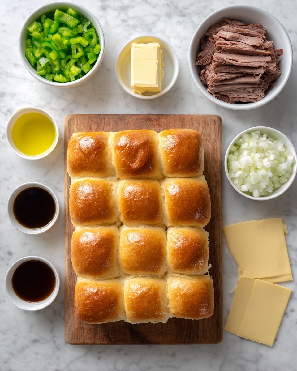 The image shows a wooden cutting board with a block of twelve soft, golden-brown Hawaiian rolls arranged in three rows and four columns in the center. Above the rolls, there is a white bowl filled with thinly sliced roast beef, next to a small white bowl containing light yellow butter, and a small white bowl with dark brown concentrated beef stock. To the left of the rolls, there is a white bowl filled with chopped green bell peppers, and below it, a small amount of olive oil in a clear container on the white marbled surface. On the right side of the rolls, there is a white bowl filled with chopped white onions, and just below it, three slices of pale yellow provolone cheese lie flat on the white marbled surface. The overall setting is tidy and bright. Photo taken with an iphone --ar 4:5 --v 7