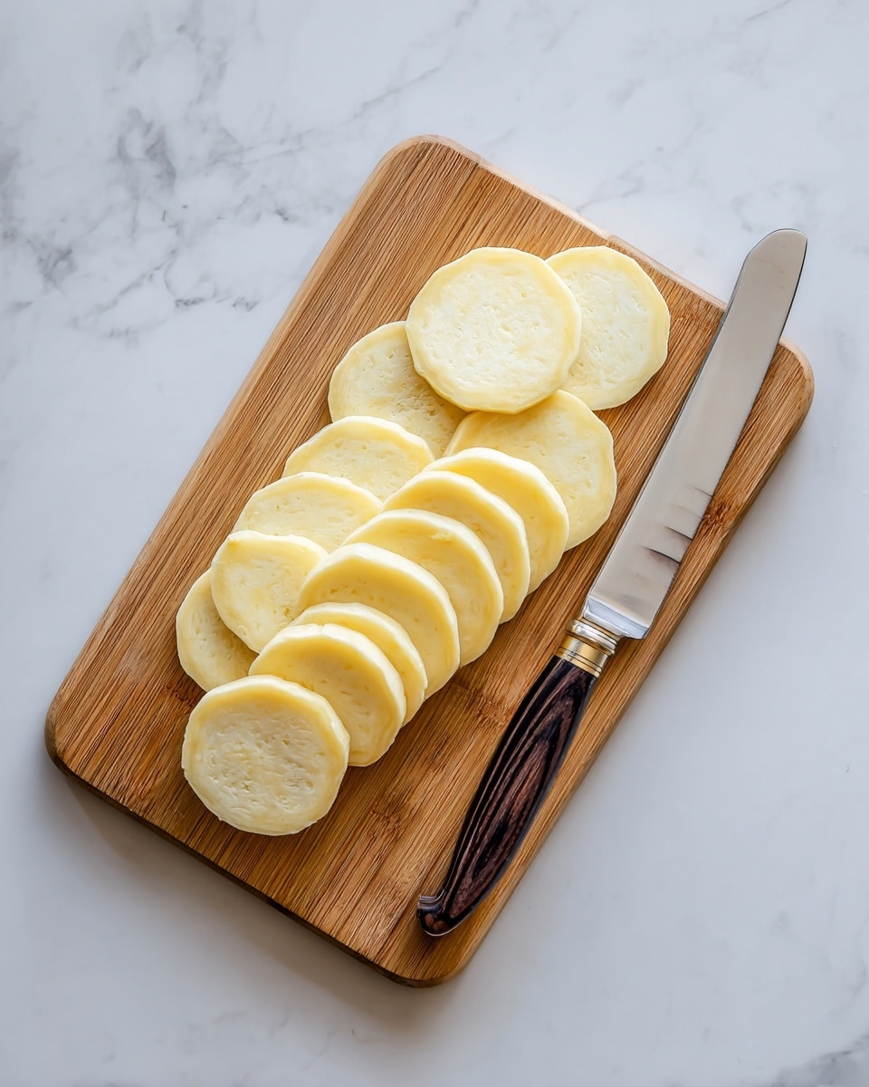 The image shows a wooden board with two types of sliced rounds arranged in two rows; the top row has 11 thin, pale yellow slices with a smooth texture, while the bottom row has 5 thicker, more textured pale yellow slices. A silver knife with a white and dark brown handle rests diagonally on the right side of the board. The board is placed on a white marbled surface. Photo taken with an iphone --ar 4:5 --v 7