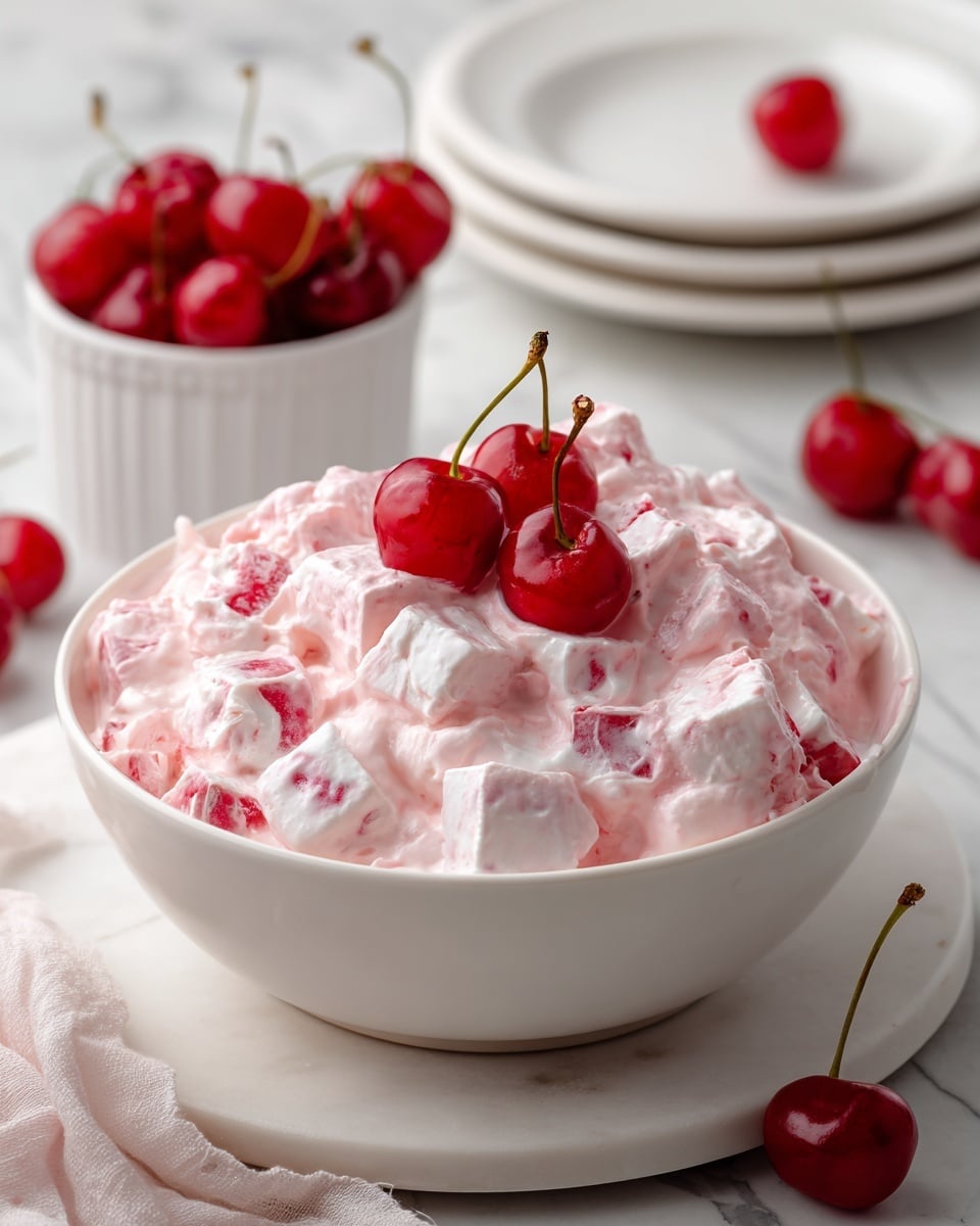 The image shows a creamy pink dessert with a rough, chunky texture served in a large white bowl and two smaller white bowls, each topped with a bright red cherry with stem. The dessert has visible bits of fruit mixed inside, giving it a speckled look of darker red and white pieces. Next to the bowls is a small white bowl filled with shiny red cherries with stems. The bowls are placed on a colorful patterned cloth with shades of red, green, and blue, all set on a white marbled surface. Two silver spoons lie beside the cloth, adding a touch of shine to the scene. photo taken with an iphone --ar 4:5 --v 7
