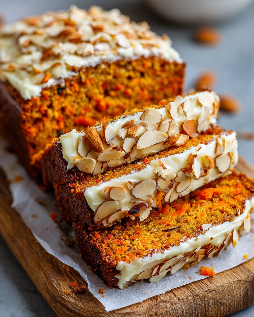 A loaf of carrot cake with three visible slices stacked slightly unevenly on white parchment paper on a wooden board. The carrot cake layers are golden brown with visible bits of orange carrot and some darker specks inside. Each slice has a thick, smooth layer of bright orange frosting on one side, studded with sliced almonds scattered across the top and sides. The texture of the cake looks soft and moist. The scene is close up, showing crumbs and bits of frosting around the slices. photo taken with an iphone --ar 4:5 --v 7