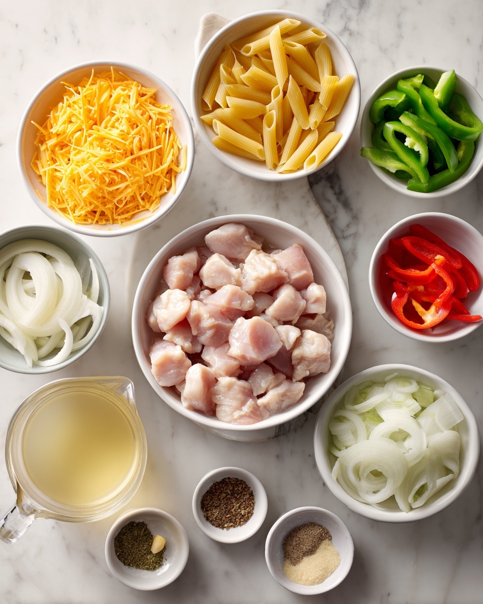 Several white bowls arranged on a white marbled surface hold different ingredients. There is one bowl with raw diced chicken pieces in the center, surrounded by bowls of uncooked yellow penne pasta above, green pepper slices to the left, and red pepper slices to the right. Below the chicken bowl is a bowl with sliced white onions, and to the left of the onions is a bowl filled with shredded orange cheddar cheese. Small ceramic dishes with various spices and minced garlic are spread in front of the bowls. Also present are a small white bowl with a light yellow liquid, a glass measuring cup with light-colored broth, and a glass measuring cup with white dairy liquid in the lower left corner. The photo was taken with an iphone --ar 4:5 --v 7