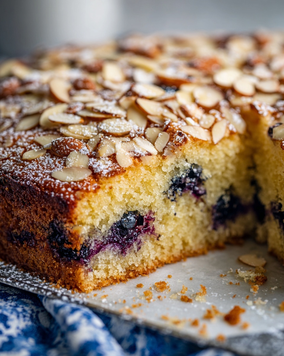 A close-up shows a golden brown baked cake with a crumbly top layer full of sprinkled almond slivers. Underneath this top layer is a moist, thick cake layer dotted with dark blueberry spots, visible where a shiny knife cuts into the cake from the side. The cake sits on a baking tray, which rests on a white marbled surface with a blue and white cloth edge barely showing. photo taken with an iphone --ar 4:5 --v 7