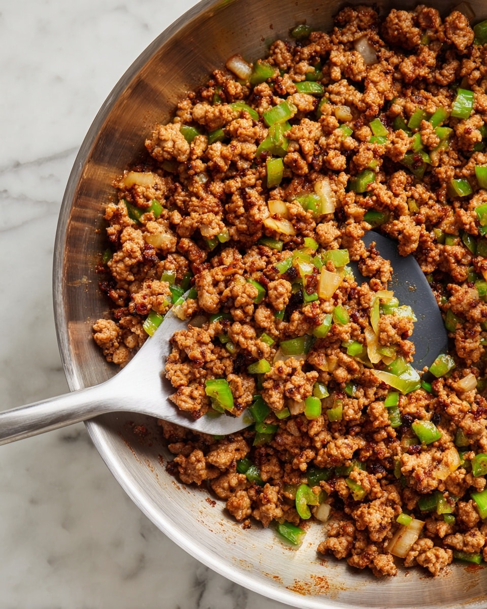 A close-up image of cooked ground meat mixed with small pieces of green bell pepper and translucent cooked onion, all inside a shiny stainless steel pan. The meat has a brown, slightly crispy texture with some darker browned spots and the vegetables add green and light yellow colors scattered throughout. A large metal spatula lifts some of the mixture, with the shiny pan surface visible in the background. The background is a white marbled texture. photo taken with an iphone --ar 4:5 --v 7