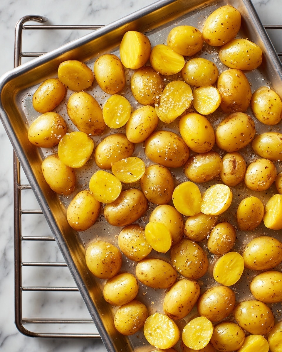 A metal baking tray filled with many small golden-yellow baby potatoes, each cut in half and spread out side by side in one layer. The potatoes have a light dusting of coarse salt and black pepper on their smooth, shiny skins and soft inner sides. The tray is placed on a metal rack with silver bars, and the scene is set against a background with a white marbled texture. photo taken with an iphone --ar 4:5 --v 7