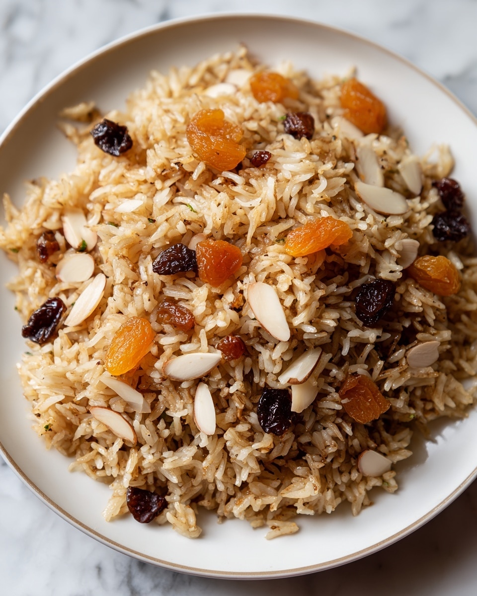 A close-up view of a plate filled with cooked rice mixed with small pieces of dried apricot, dark raisins, and sliced almonds. The rice is light brown and fluffy, with visible herbs and spices giving a textured shine. The dried apricot pieces are orange and yellow, scattered on top and mixed within the rice, while the dark raisins and pale almond slices add color contrast. The plate is white with a slightly visible rim, placed on a white marbled surface. photo taken with an iphone --ar 4:5 --v 7