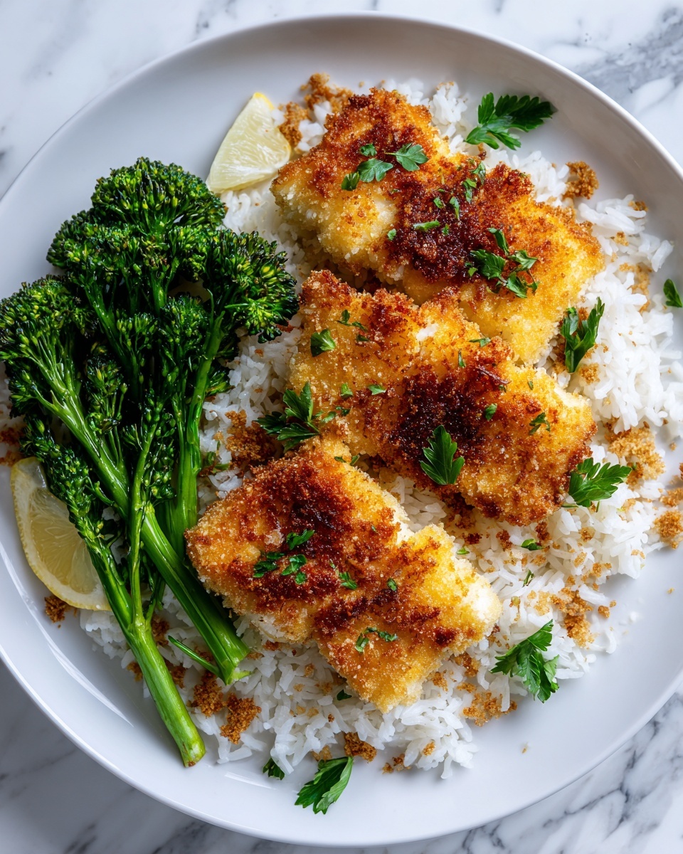 The dish shows three pieces of golden brown crispy breaded fish fillets placed on a bed of fluffy white rice. The rice is spread across the white plate with a few green parsley leaves scattered on it. On the side, there are several pieces of bright green grilled broccolini, adding a fresh, vibrant touch to the plate. Crumbs from the breading are lightly scattered on the rice and plate edges, creating a crunchy texture contrast. The background features a white marbled surface, enhancing the clean and fresh look of the dish. Photo taken with an iphone --ar 4:5 --v 7