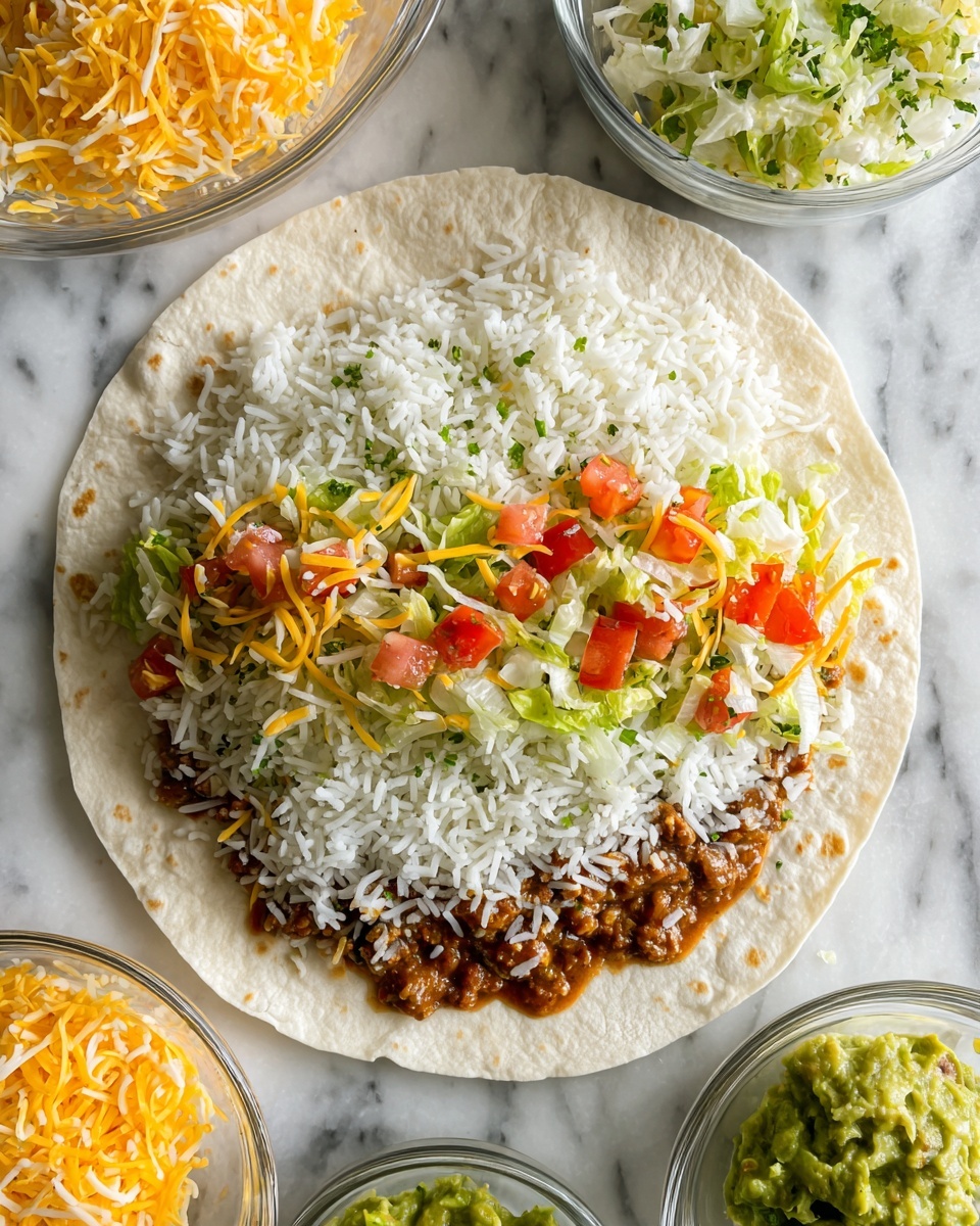A soft white tortilla lies flat on a white marbled surface, topped first with refried beans spread evenly to create a brown base layer. Above this, there is a light sprinkling of yellow shredded cheese along with a mix of small red tomato pieces and green lettuce scattered throughout. The top layer is a generous covering of cooked white rice mixed with small bits of green herbs, creating a textured, fluffy appearance. Around the tortilla, there are clear glass bowls visible holding shredded yellow cheese, refried beans, guacamole, and chopped lettuce, all arranged neatly on the same white marbled surface. photo taken with an iphone --ar 4:5 --v 7