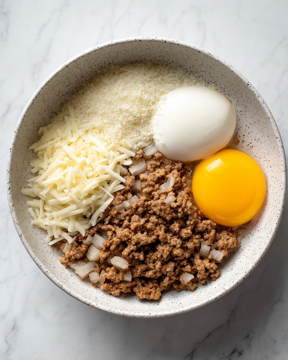 The image is split into two parts; the left side shows a white speckled bowl holding four ingredients layered separately: shredded white cheese on the bottom left, a pile of finely grated pale cheese on the top center, a smooth, round white dollop of cream cheese on the right, and a bright yellow egg yolk with surrounding clear egg white at the bottom right. The right side shows a white speckled pan filled with cooked ground meat mixed with translucent diced onions, creating a textured brown and white layer that spreads evenly across the pan. The background is a white marbled texture photo taken with an iphone --ar 4:5 --v 7