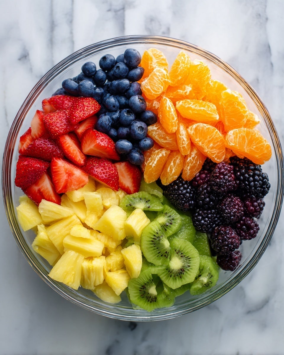 A clear glass bowl on a white marbled surface filled with six sections of fresh fruit arranged side by side like a colorful rainbow. The fruits include bright red sliced strawberries in the top left, deep blue blueberries next to them, bright orange peeled tangerine segments, red grapes below the tangerines, bright green sliced kiwi on top of blackberries, and light yellow pineapple chunks below the strawberries. The bowl’s round shape frames the vibrant fruits perfectly, showing off their fresh and juicy textures. Photo taken with an iphone --ar 4:5 --v 7