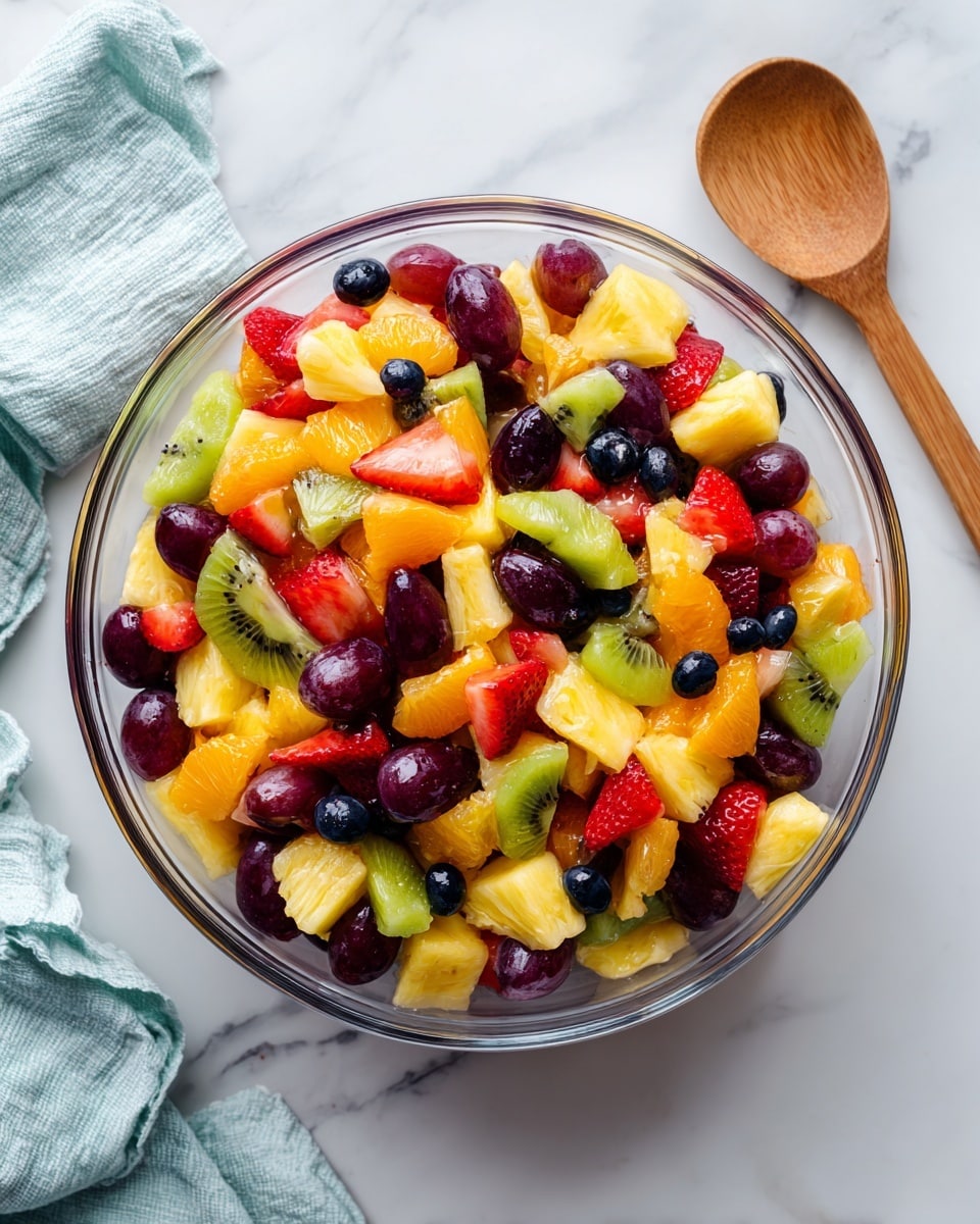A clear glass bowl filled with a colorful fruit salad placed on a white marbled surface, containing several layers of mixed fruits: bright yellow pineapple chunks, orange mandarin segments, red strawberry pieces, dark purple blackberries, red grapes, green kiwi slices, and small blue blueberries. The fruits are randomly mixed, creating a vibrant and fresh look. Next to the bowl on the right side is a wooden spoon with a smooth texture, and on the left side, there is a crumpled cloth with light blue and white colors. photo taken with an iphone --ar 4:5 --v 7