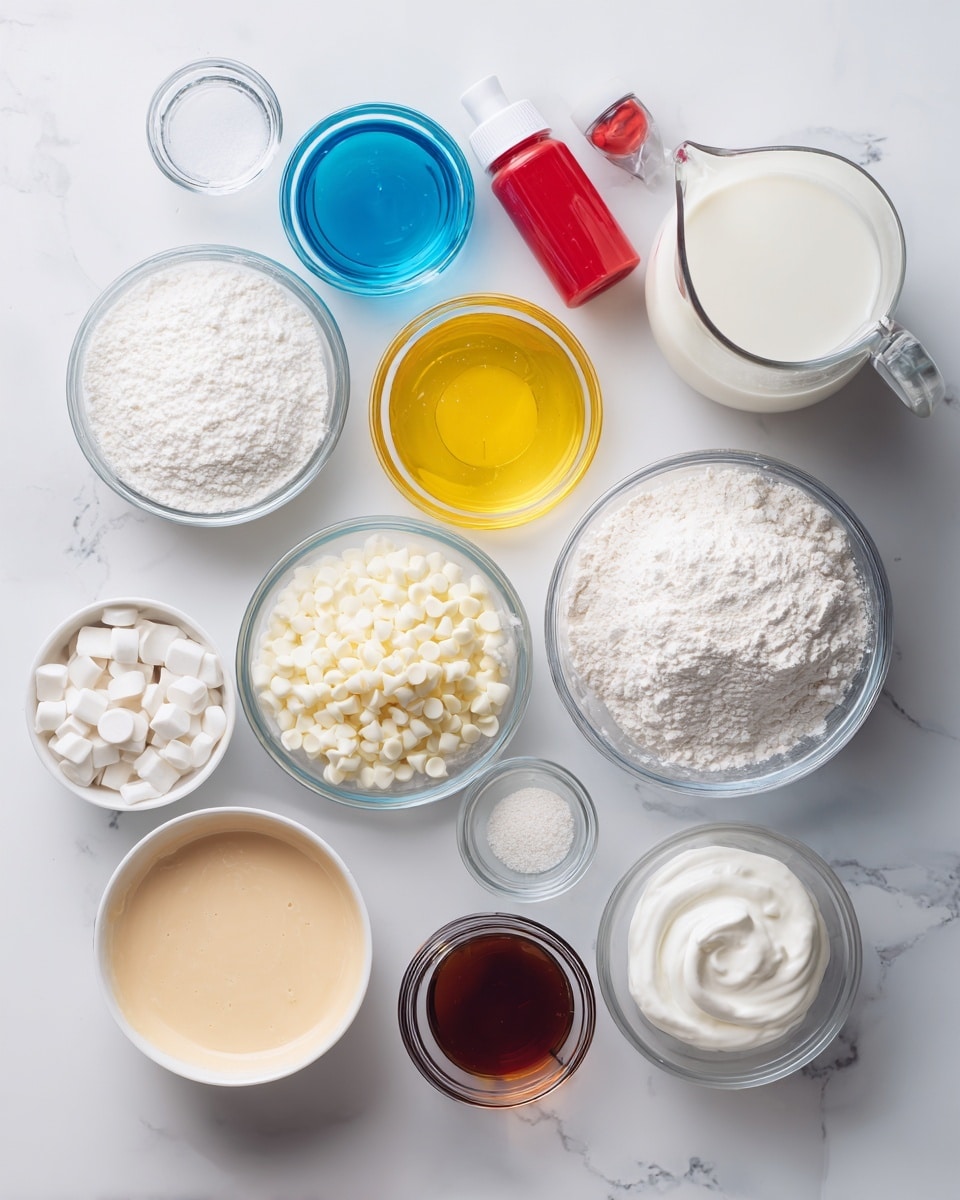 The image shows various baking ingredients neatly arranged on a white marbled surface. There is a glass jug filled with white milk at the top right, next to two small bottles of food coloring—one red and one blue. Below are multiple clear glass bowls containing different ingredients: a yellow liquid (likely oil), white powder (possibly baking powder or powdered sugar), granulated sugar, white flour, and white chocolate chips. There's also a small bowl of brown liquid, a small bowl of white cream, and a small bowl with a white powder (likely baking soda). At the bottom left is a white bowl with a creamy beige substance. All ingredients are spaced out with clear visibility, giving a clean and organized look. photo taken with an iphone --ar 4:5 --v 7