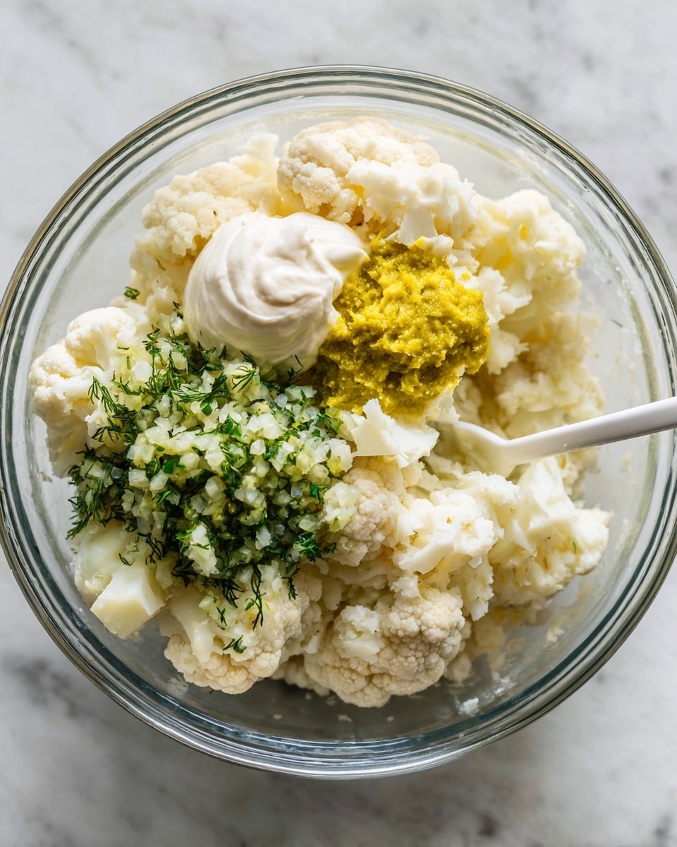 The image shows a clear glass bowl filled with small chopped pieces of pale, cooked potatoes as the base layer, creating a rough, chunky texture. On top of the potatoes are three separate dollops: one of creamy white mayonnaise, a smaller one of bright yellow mustard, and a heap of finely chopped green pickles with a wet, chunky texture. A white spoon is partially visible inside the bowl, resting on the side, slightly submerged in the ingredients. The bowl is placed on a white marbled surface, and in the blurred background, there is a large cauliflower visible. Photo taken with an iphone --ar 4:5 --v 7