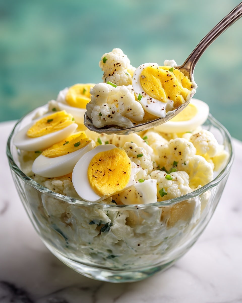 The image shows a clear glass bowl filled with a creamy, chunky mixture of chopped hard-boiled eggs and cauliflower, lightly speckled with black pepper. The mixture is pale yellow and white, with soft textures blending together. On top of the bowl, several neatly sliced boiled egg rounds with bright yellow yolks and white edges are arranged as garnish. A silver spoon holds a scoop of the mixture close to the camera, capturing the texture and seasoning. The background is softly blurred green and white, and the bowl is placed on a white marbled surface. photo taken with an iphone --ar 4:5 --v 7