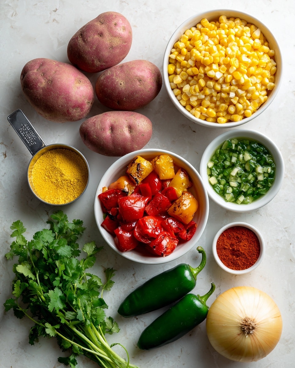 The image shows an overhead view of various fresh ingredients arranged neatly on a white marbled surface. There are three whole russet potatoes with reddish skin placed close together on the top left. Next to them is a white bowl filled with bright yellow corn kernels taking the top right corner. Below the potatoes sits a white bowl holding several pieces of grilled red bell pepper with some char marks. In the middle right is another smaller white bowl filled with green chopped jalapeños in a liquid. Below this is a white dish containing bright red powdered spice. A large yellow onion with its dry skin is positioned at the bottom right. Two dark green jalapeño peppers lie diagonally near the center, accompanied by a garlic bulb and a bunch of fresh green cilantro on the left side. A metal measuring cup filled with yellow nutritional yeast flakes is placed near the center left. The composition features vibrant and contrasting colors of reds, greens, yellows, and browns, with a clean and fresh appearance. photo taken with an iphone --ar 4:5 --v 7