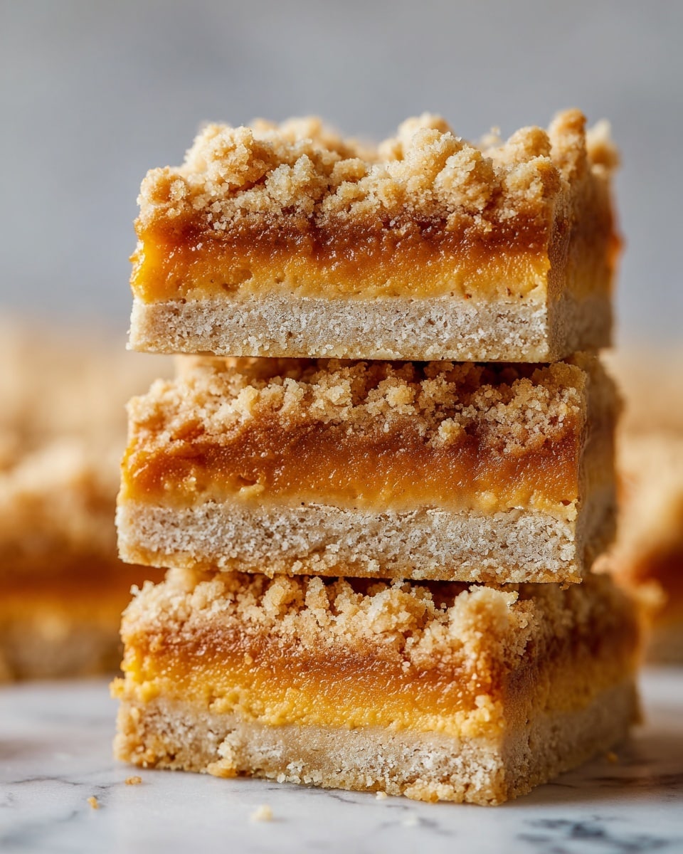 A close-up view of a stack of four crumb bars, each bar showing three clear layers. The bottom layer is a light beige, crumbly crust with a coarse texture. The middle layer is a thick, smooth, warm orange filling, rich in color and slightly moist. The top layer is a rough, pale beige crumb topping that looks crumbly and uneven. The bars are stacked against a blurred background on a white marbled surface, with a focus on the top two bars. Photo taken with an iphone --ar 4:5 --v 7