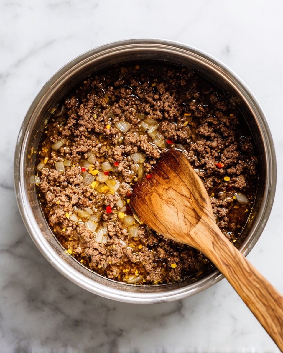 Inside a stainless steel pot with a shiny silver rim, there is one visible layer of cooked ground beef mixed with translucent cooked onion pieces. The beef is brown and crumbly, with small bits of yellow and red spices scattered throughout. The inside of the pot has water droplets, and a wooden spoon with a natural wood grain pattern rests on the right edge. The pot sits on a white marbled surface. photo taken with an iphone --ar 4:5 --v 7