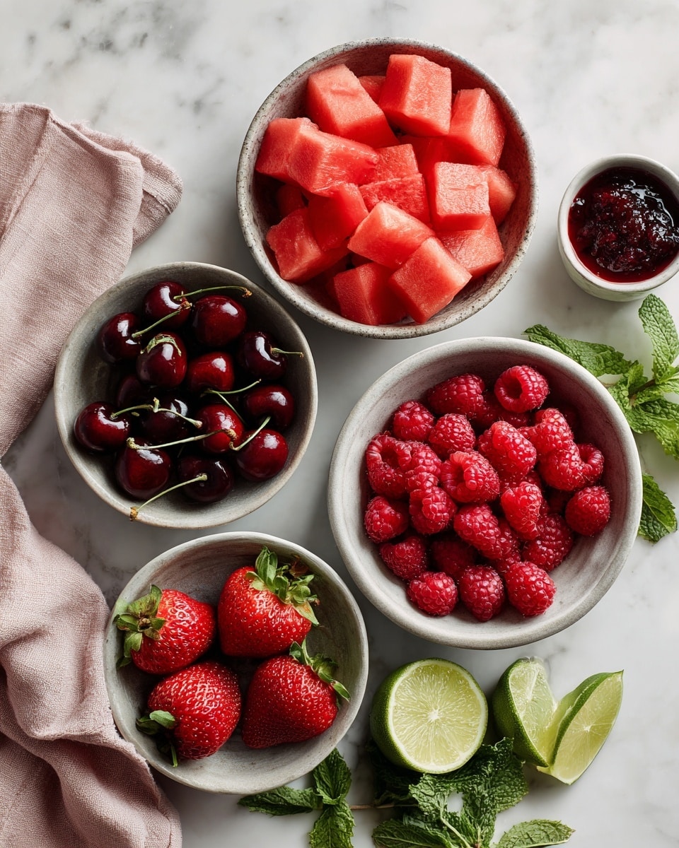A group of five bowls sits on a white marbled surface, each filled with colorful fresh fruit and a sauce; the top right bowl is filled with small red cubes of watermelon, the bottom right shows a bowl full of bright red raspberries, and the bottom left has a bowl filled with fresh red strawberries with green leaves; the middle left bowl contains dark red cherries with stems, while a small bowl just above it holds a dark red jam or sauce; to the right of the raspberries, fresh green mint leaves and lime halves add a pop of color, with a light pink cloth casually draped on the left side. photo taken with an iphone --ar 4:5 --v 7