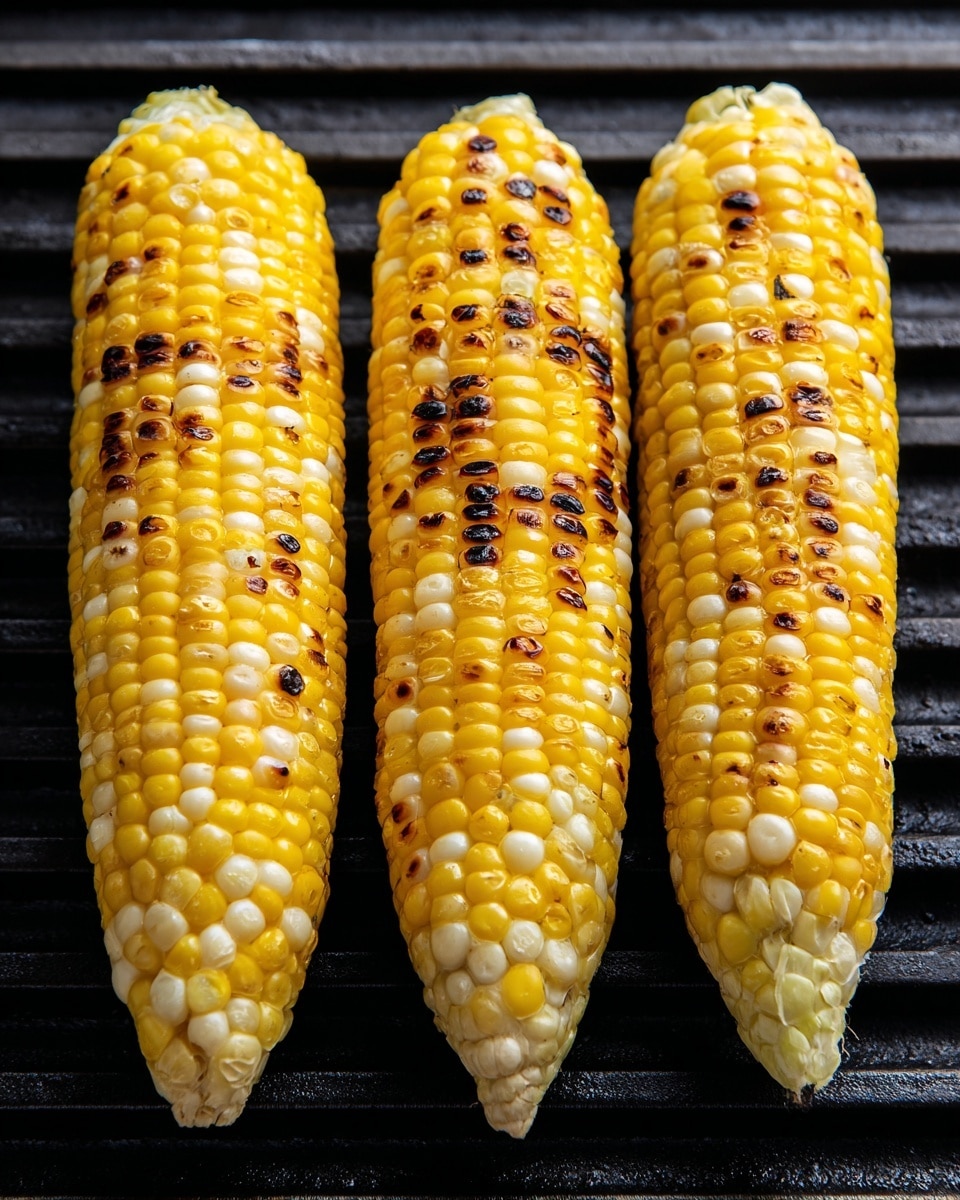 Three yellow and white grilled corn on the cobs lie side by side on black grill grooves. Each cob shows small char marks, giving a slightly burnt look spread unevenly on the plump kernels. The close-up view highlights the glossy and textured kernels, with colors shifting between pale cream and bright yellow. The background is a white marbled texture. photo taken with an iphone --ar 4:5 --v 7