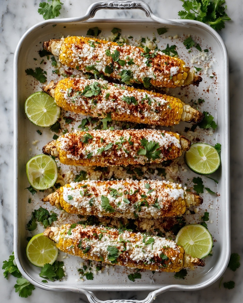 Two grilled corn cobs with slightly charred yellow kernels lie close to each other on a white plate set on a white marbled surface. Each cob is layered with a creamy white sauce, a thick dusting of crumbly white cheese, and sprinkled with green cilantro leaves and reddish-brown spices. In the foreground, two lime slices show their pale green inside, and some fresh cilantro leaves spread around the plate. In the background, a blurred white bowl holds a light creamy dip. The image is bright, clear, and focused on the front corn cob. photo taken with an iphone --ar 4:5 --v 7