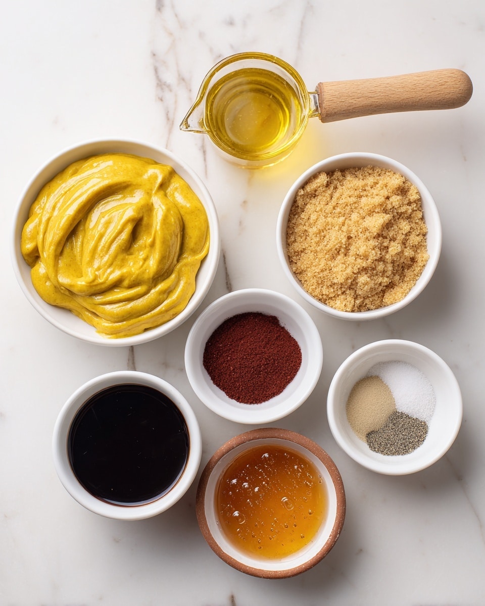 The image shows six small white bowls arranged in two rows on a white marbled surface. In the bottom left bowl, there is a smooth, thick layer of bright yellow mustard with a creamy texture. Above it, a wooden-handled measuring cup holds a clear golden liquid, likely oil, with a shiny surface. To the right of the measuring cup, a small white bowl is filled with crumbly light brown sugar grains. Next, a bowl contains a dark thick liquid with a smooth, almost glossy texture, appearing black or very deep brown. In the bottom row, right of the mustard, there is a white bowl with a translucent amber liquid, possibly honey or syrup, showing small bubbles on top. Finally, on the far right, a white bowl with a thin brown rim holds four different dry spices separated in small piles: a beige powder, a dark red powder, a light gray powder, and a white powder. The photo taken with an iphone --ar 4:5 --v 7