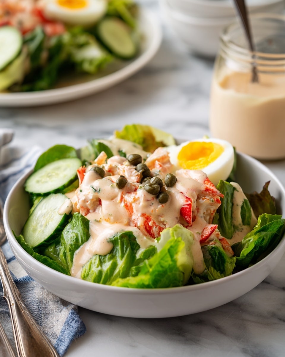 The image shows a close-up of a white bowl filled with a colorful salad. The salad has a layer of green lettuce leaves as the base, topped with pieces of red crab meat and cucumber slices. On top of this, there is a creamy light beige dressing drizzled unevenly across the salad, accompanied by a hard-boiled egg quarter with a yellow yolk. A few capers are visible, adding small dark green dots on the salad. In the background, there is a blurred view of more salad on a white plate and a jar with a spoon sticking out, all set on a white marbled surface. photo taken with an iphone --ar 4:5 --v 7