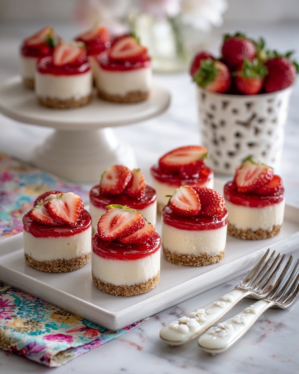 The image shows six small round mini cheesecakes arranged neatly on a white rectangular tray. Each mini cheesecake has three distinct layers: a rough-textured brown crumb crust at the bottom, a smooth creamy white cheese layer in the middle, and a bright red jelly layer on top filled with visible slices of strawberries. The tray rests on a white marbled surface with a colorful floral cloth underneath. In the background, a larger round mini cheesecake on a white cake stand is partially visible, along with a white cup filled with fresh strawberries. Two forks with white flower-patterned handles sit to the right side of the tray. The overall setting feels light and fresh, with soft natural lighting. Photo taken with an iphone --ar 4:5 --v 7