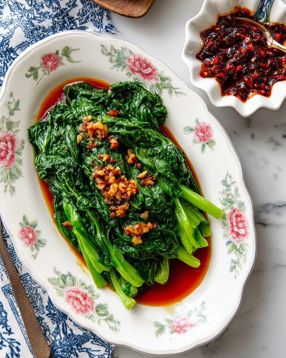 The dish shows bright green cooked leafy greens neatly lined up on a white oval plate with floral patterns. On top of the greens, there is a layer of chopped garlic and small bits of light brown, which look fried or sautéed. Surrounding the greens is a thin layer of reddish-brown sauce pooling at the bottom of the plate. To the right of the plate, there is a small flower-shaped white bowl holding a dark red chunky chili sauce with visible chili seeds and small pieces. The setting is on a white marbled surface with part of a blue and white patterned cloth visible on the left side. Photo taken with an iphone --ar 4:5 --v 7