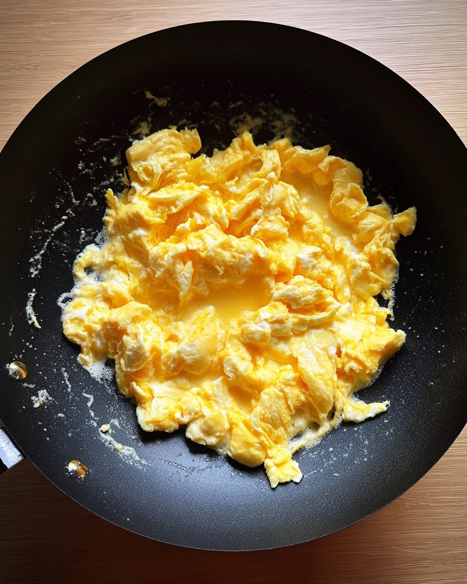 The image shows a single-layer of scrambled eggs cooking in a black wok. The eggs have a shiny, soft texture with smooth, bright yellow portions mixed with white parts, spread evenly across the surface of the wok. The wok sits on a light brown wooden surface. The eggs look fluffy and slightly glossy, with some bubbles formed on the edges. photo taken with an iphone --ar 4:5 --v 7