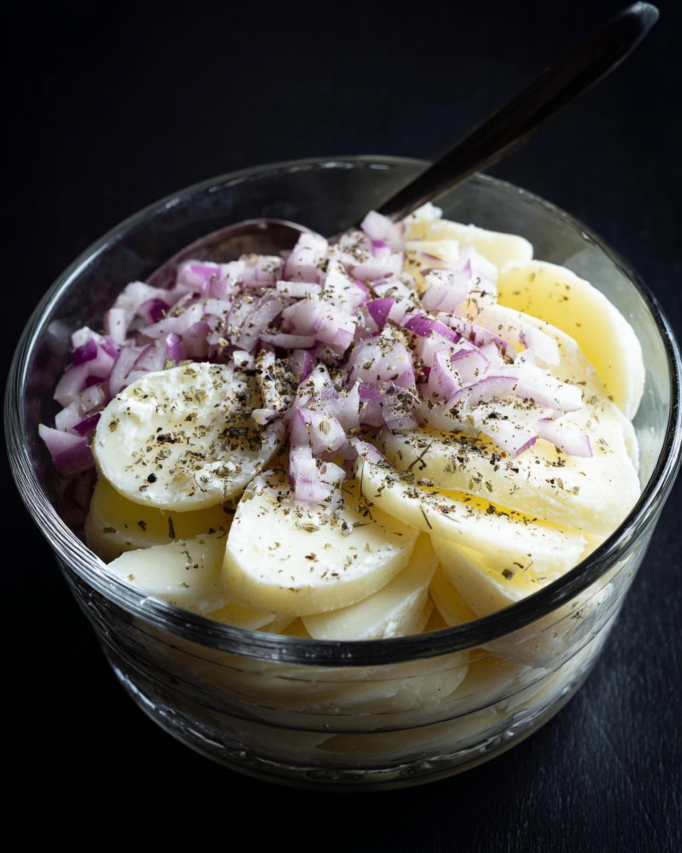 A clear glass bowl holds three visible layers of a simple salad. The bottom layer consists of large white potato pieces with a smooth texture, overlapping each other. The middle layer contains pale yellow potato slices arranged loosely on top. The top layer is sprinkled with small pieces of light purple onion and a dusting of black pepper spread evenly across. The bowl is set against a black surface, and a dark spoon rests on the left edge of the bowl. photo taken with an iphone --ar 4:5 --v 7