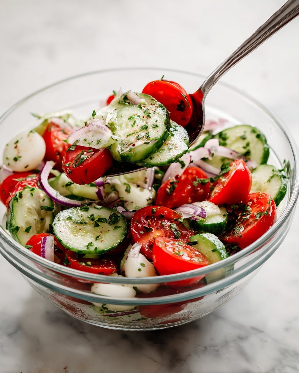 A clear glass bowl filled with a fresh salad showing three main layers: the bottom layer is made of small white round slices, the middle layer has bright red cherry tomatoes cut in halves, and the top layer is fresh green cucumber slices with thin purple rings of onion mixed throughout, all sprinkled with green herbs. A silver spoon is partially inside the bowl, lifting a mix of cucumber, onion, and white slices from the salad. The bowl is placed on a white marbled surface. Photo taken with an iphone --ar 4:5 --v 7