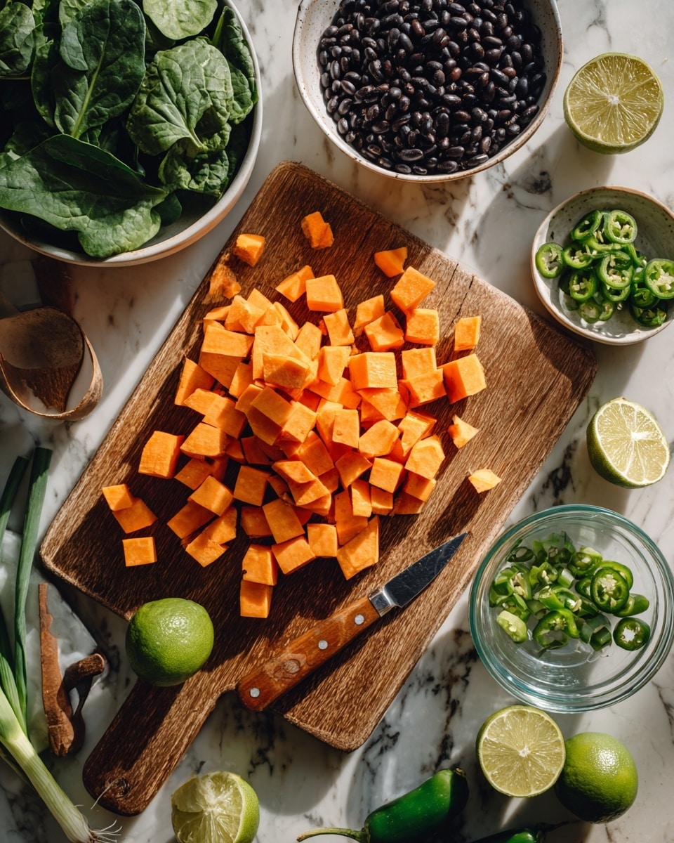 The image shows a wooden cutting board placed on a white marbled surface with small orange cubes of sweet potato scattered on it, next to a small knife with a wooden handle. Around the cutting board, there are bowls and items: a white bowl with black beans, a white bowl with diced sweet potatoes, green spinach leaves, whole and sliced lime in a small clear bowl, two green chili peppers, and green onions. A woman's hand is not visible but implied by the knife on the board. The overall scene looks fresh and colorful, with natural light highlighting the textures and colors. photo taken with an iphone --ar 4:5 --v 7