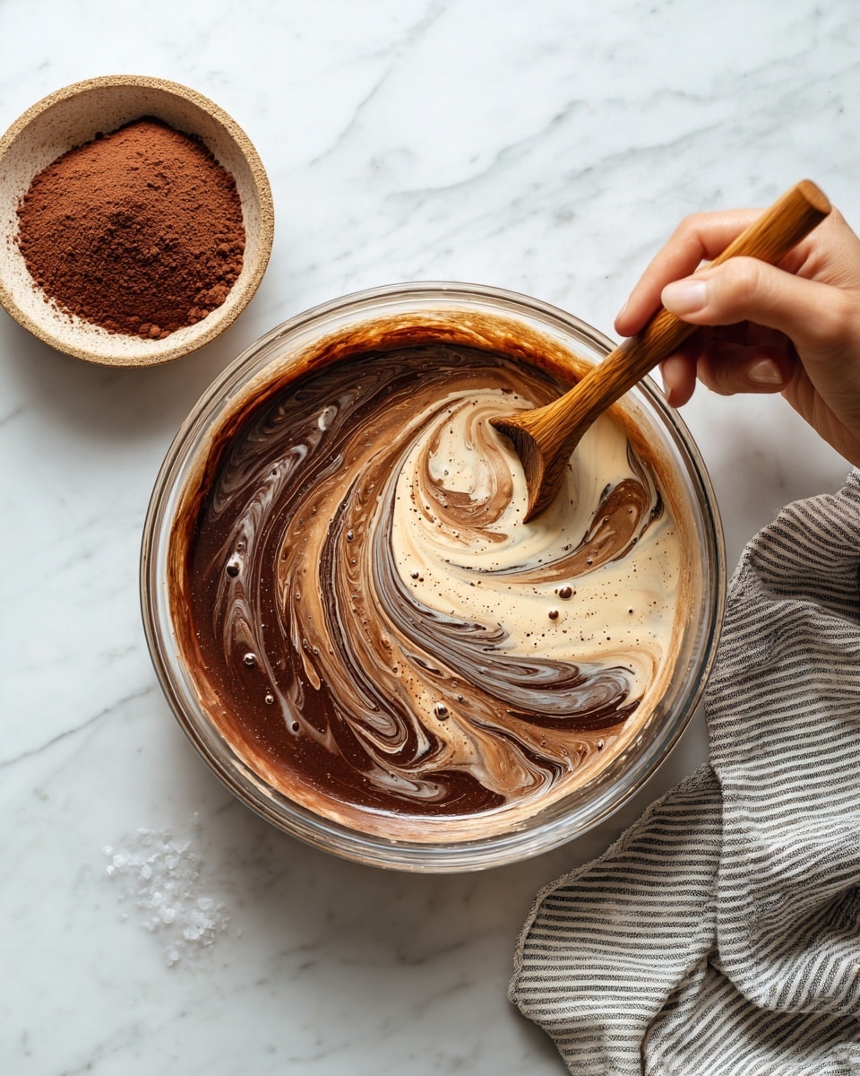 A clear glass bowl sits on a white marbled surface, holding a mix of light brown and dark chocolate brown swirled together in a smooth, creamy texture with small bubbles visible. A woman's hand stirs the mixture with a wooden spoon, creating a swirling motion that blends the two colors. To the side, a small round bowl filled with cocoa powder adds a rich brown detail, and a grey and white striped cloth lies on the surface near the bowl. Photo taken with an iphone --ar 4:5 --v 7