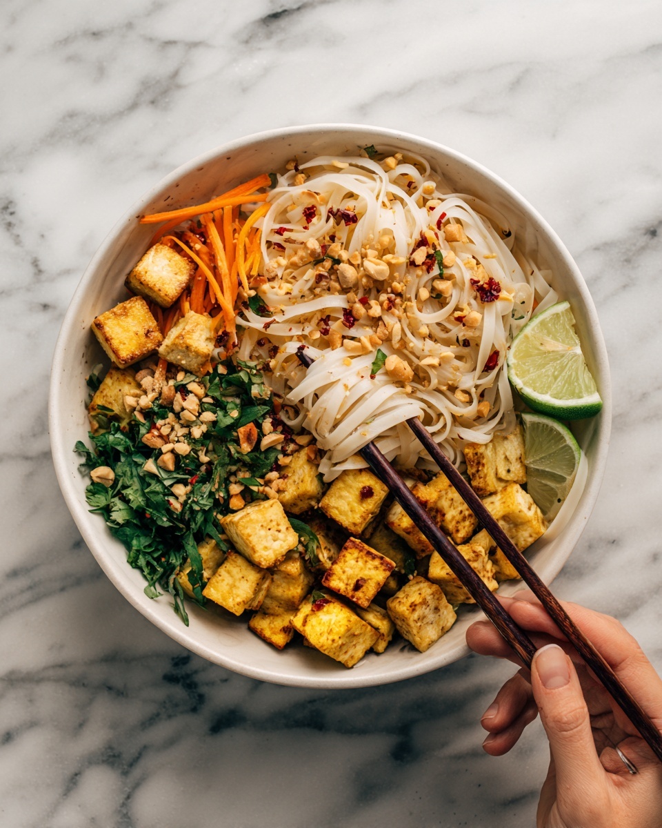 A bowl filled with three main layers: the bottom layer is light brown flat rice noodles softly curled, mixed with small thin orange carrot strips and green leafy herbs scattered throughout; the middle layer contains golden yellow tofu cubes with a slightly crispy texture; the top layer shows a sprinkling of crushed peanuts and red chili flakes adding texture and color. The bowl is white and placed on a white marbled surface. A pair of dark wooden chopsticks held by a woman's hand picks up some noodles and tofu from the center-right side, with a wedge of lime sitting near the bowl. Photo taken with an iphone --ar 4:5 --v 7