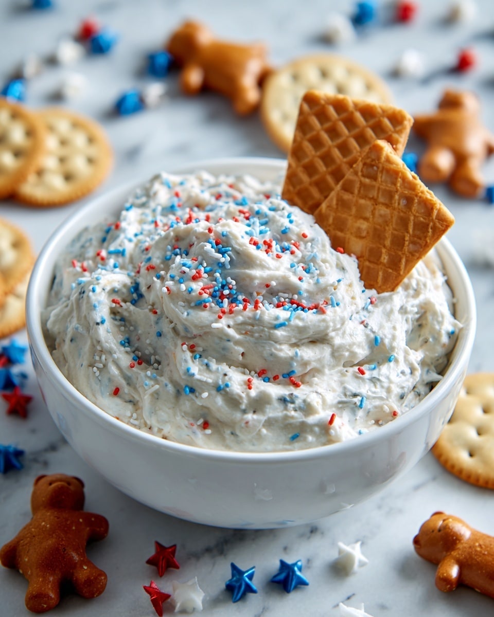 A white bowl filled with thick, creamy white dip that has visible red, white, and blue sprinkles mixed inside and sprinkled on top. There are two light brown waffle cookie pieces placed upright on one side of the bowl, partly sunk into the dip. Around the bowl, on a white marbled surface, are various snacks including round yellowish vanilla wafer cookies, small pretzels, and teddy bear-shaped crackers scattered randomly. Extra red, white, and blue star-shaped and sprinkle decorations are also scattered on the surface. photo taken with an iphone --ar 4:5 --v 7