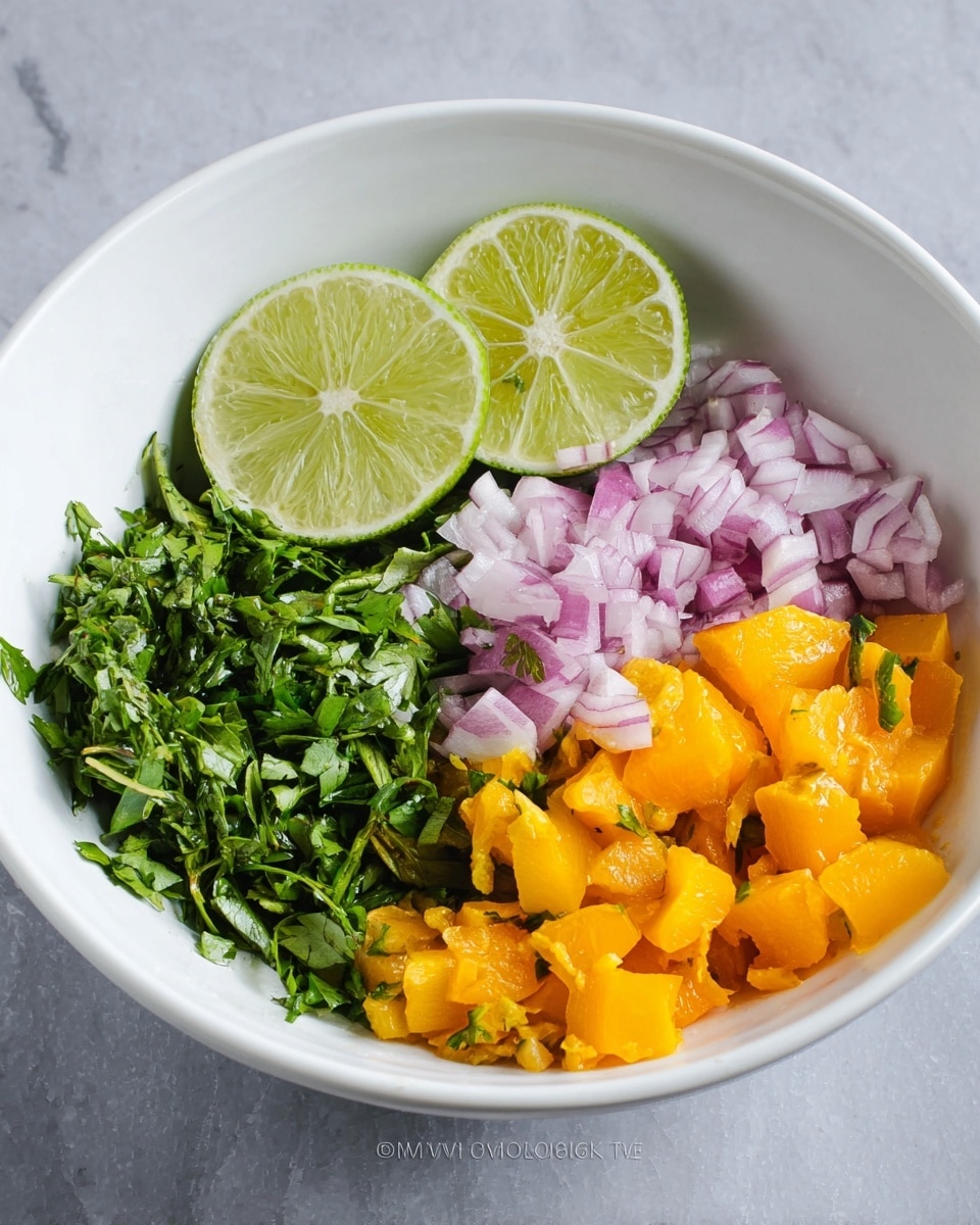 A white bowl filled with four main layers: on the left, fresh green herbs with delicate leaves; next to the herbs, two lime halves with a light green juicy texture and visible seeds placed center left; above and to the right of the lime, finely chopped red onions with light purple and white colors; on the bottom right, bright orange chunks with a soft, slightly shiny texture. All is placed on a white marbled surface. Photo taken with an iphone --ar 4:5 --v 7