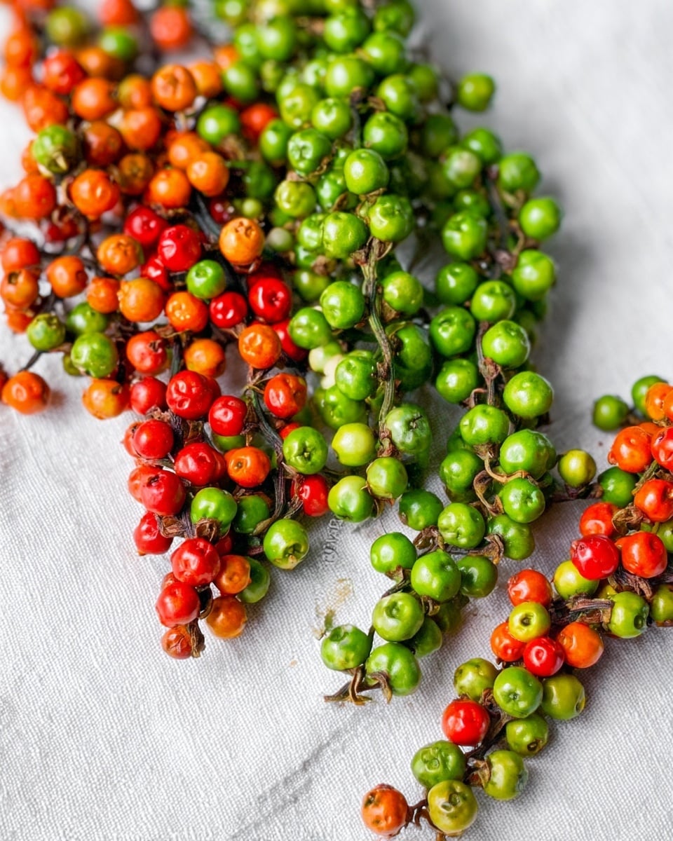 The image shows bunches of small round peppercorns on stems, arranged closely together on a white marbled textured surface. The peppercorns come in three colors: bright green, orange, and red. The stems are visible and have a slightly rough texture, twisting among the peppercorn clusters. The green peppercorns appear in larger groups, while the orange and red peppercorns are scattered in smaller bunches around them. There is no plate or bowl, just the peppercorns and stems lying on the surface. The background has a soft white fabric texture underneath the peppercorns. photo taken with an iphone --ar 4:5 --v 7